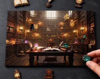 Wooden Jigsaw Puzzle for Adults, The Wizard's Library, Hidden StoryPieces, Fantasy Gift