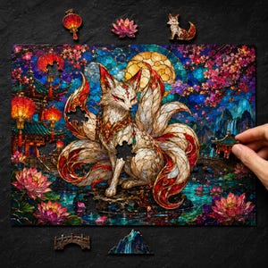 Könnte beinhalten: Ein Holzpuzzle mit einem mehrschwänzigen Fuchs im Buntglas-Stil, umgeben von Kirschblüten, Lotusblumen und traditionellen Laternen. Das Puzzle enthält einzigartig geformte Teile wie einen Fuchs, eine Laterne und eine Brücke.