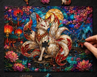Kitsune Fox Wooden Jigsaw Puzzle for Adults, Stained Glass Mosaic, Japanese Art Gift