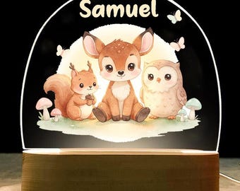 Personalized Acrylic Night Light with Baby Deer Squirrel Owl, Custom Name LED Nursery Lamp for Kids, Woodland Animal Baby Room Decor Gift
