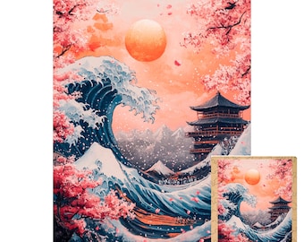 May include: A wooden jigsaw puzzle featuring a Japanese-style landscape with a large wave, cherry blossoms, and a pagoda. The puzzle is in a rectangular shape, with a smaller, completed puzzle of the same image. The color palette includes shades of blue, pink, and orange.