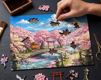 Luxury Wooden Jigsaw Puzzle — Sakura Crossing, Hidden StoryPieces, Japanese Garden Gift for Her