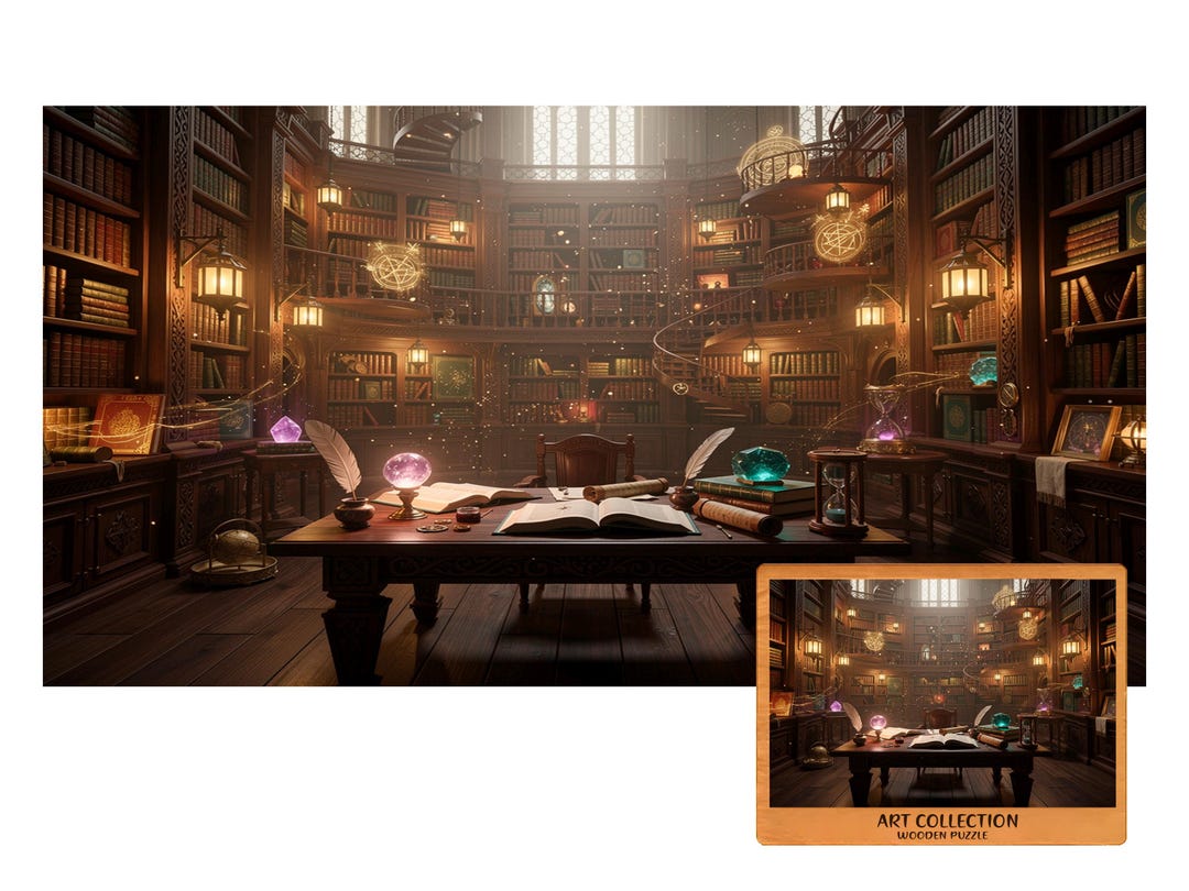 Magic Wizard Library Wooden Puzzle – Enchanted Bookshelves, Glowing ...