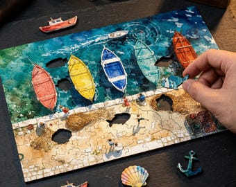 Mediterranean Port Puzzle — The Quay at Noon, Hidden StoryPieces, Nautical Art Gift for Her