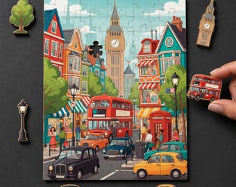 Decorative Wooden Puzzle, The Red Bus Hour, London Street Art, Hidden StoryPieces
