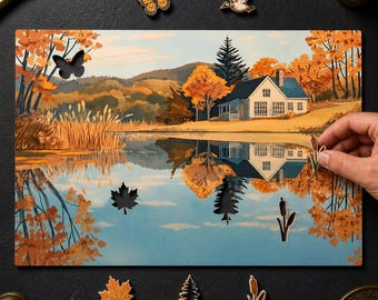 May include: A rectangular wooden jigsaw puzzle featuring a landscape of a white house by a lake during autumn. The puzzle includes cutouts shaped like a butterfly, a maple leaf, and cattails, with matching wooden pieces placed nearby on a dark surface.