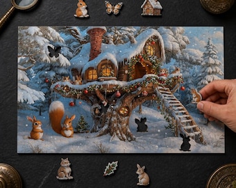 May include: A jigsaw puzzle depicting a snow-covered treehouse decorated with Christmas ornaments and lights in a winter forest. The scene features squirrels, a butterfly, and a small cabin. Several loose puzzle pieces are scattered around the main image.