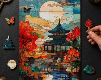 May include: A rectangular jigsaw puzzle featuring a stained-glass style illustration of a pagoda surrounded by autumn trees under a large full moon. Several loose, uniquely shaped wooden puzzle pieces are scattered around the main assembly.