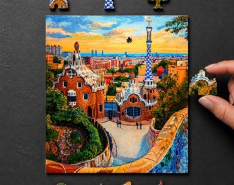 Barcelona Gaudí Holzpuzzle, Park Güell Sonnenuntergang, Buntes Spanien Reisegeschenk