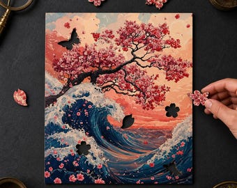 Sakura Wave Wooden Puzzle | Japanese Art, Cherry Blossoms, Sunset Ocean Scene
