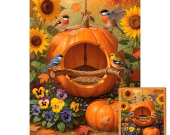 Pumpkin Bird Feeder Wooden Puzzle for Adults, Autumn Sunflowers Birds, Lover Gift