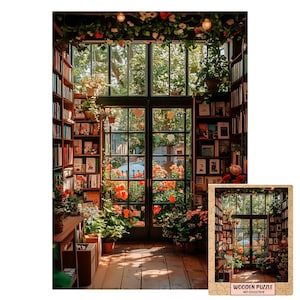 Window Bookstore Puzzle | Cozy Library with Plants and Flowers | Wooden Jigsaw Puzzle Gift for Book Lovers & Decor Enthusiasts