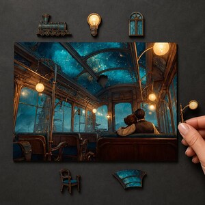 Artisan Wooden Puzzle, The Galaxy Train, Starlit Carriage Interior, Hidden StoryPieces