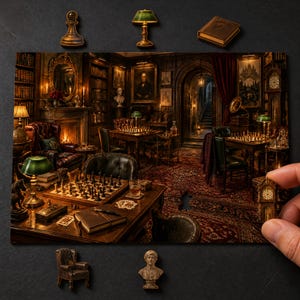 Könnte beinhalten: Ein Puzzle, das eine dunkle, holzgetäfelte Bibliothek mit Schachspielen, Ledersesseln und einem Kamin zeigt. Die Puzzleteile enthalten Miniatur-Ausschnitte eines Schachbauern, einer grünen Bankerlampe, eines Buches, einer Standuhr und einer Büste.