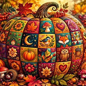 Könnte beinhalten: Ein großer dekorativer Kürbis mit einem farbenfrohen Patchwork-Design aus Quadraten, die jeweils verschiedene Illustrationen wie einen Fuchs, eine Eule, einen Vogel, eine Mondsichel, Pilze, Blumen, Herzen und Herbstblätter zeigen, umgeben von kleineren Kürbissen.