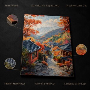Korean Autumn Village Wooden Puzzle | Oil Painting Style, Custom Shapes, Limited Edition image 4