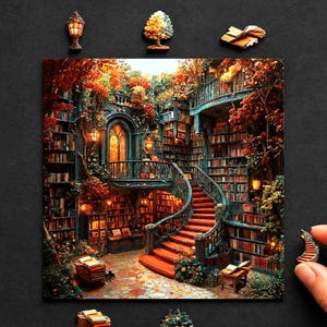 Könnte beinhalten: Ein quadratisches Puzzle, das eine mehrstöckige Bibliothek mit einer geschwungenen Treppe zeigt, gefüllt mit Bücherregalen, herbstlich gefärbten Bäumen und warmer Beleuchtung. Mehrere lose Puzzleteile liegen verstreut auf einer dunklen Oberfläche.