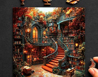 Op de afbeelding: Een vierkante legpuzzel met een afbeelding van een bibliotheek met meerdere verdiepingen en een gebogen trap, vol boekenplanken, bomen in herfstkleuren en warme verlichting. Verschillende losse puzzelstukjes liggen verspreid op een donkere ondergrond.