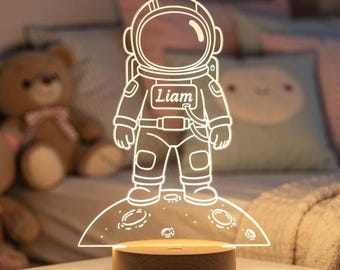 Personalized Astronaut LED Night Light with Custom Name, Kids Space Bedroom Decor, Acrylic Moon Lamp for Boys Who Love Space and Adventure