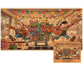 Può includere: Un puzzle in legno con un'illustrazione a cartoni animati di due persone che corrono con un carrello della spesa pieno di regali incartati attraverso un negozio decorato con luci colorate. La scatola mostra il testo Art Collection Wooden Puzzle.
