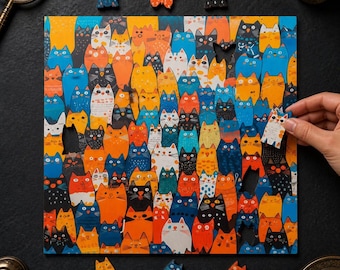 Colorful Cat Crowd Puzzle | Funny Wooden Puzzle with Tall Cartoon Cats | 500 1000 Pieces | Gift for Cat Lovers & Kids | Vibrant Kitty Art