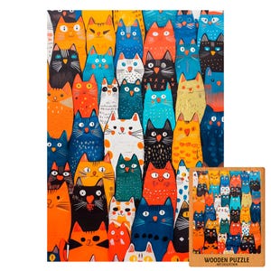 Whimsical Cat Parade Puzzle | Colorful Wooden Puzzle for Cat Lovers | 500 1000 Pieces | Fun Gift for Kids & Adults | Bright Kitty Art