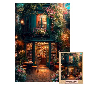Nachtbuchladen Puzzle | Vintage Buchladen mit Lichtern und Blumen | Gemütliches Holzpuzzle Geschenk für Leseratten & Träumer