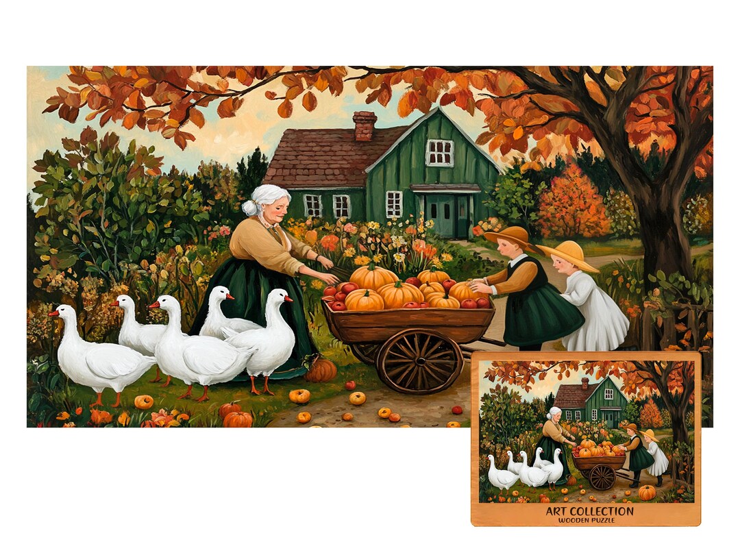 Autumn Harvest Family Scene Wooden Puzzle – Vintage Folk Art ...