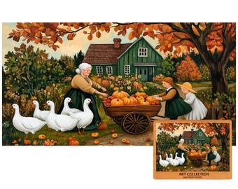 Autumn Harvest Family Scene Wooden Puzzle – Vintage Folk Art Illustration with Pumpkins, Geese & Cottage – Cozy Fall Decor Gift for Adults