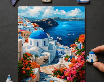 Santorini Greece Puzzle | Blue Dome Churches & Aegean Sea View | Vibrant Wooden Jigsaw | 500 1000 Pieces | Mediterranean Art Gift