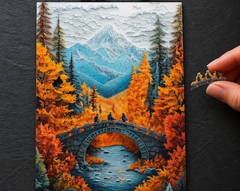 Autumn Forest Wooden Puzzle | Scenic Bridge with Mountains & River | Cozy Fall Landscape Art | Unique Gift for Nature  Puzzle Lovers | 1000