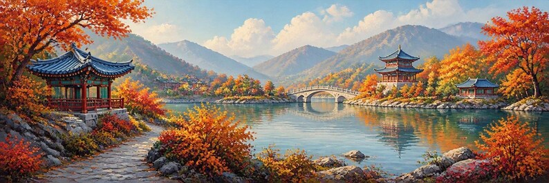 Korean Autumn Village Wooden Puzzle | Oil Painting Style, Custom Shapes, Limited Edition image 6