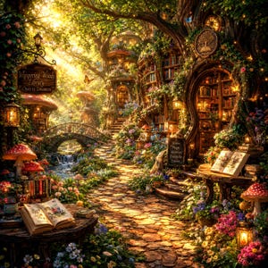 Può includere: Una scena di foresta fantastica con un sentiero in pietra che conduce a una biblioteca nel tronco di un albero, scaffali pieni di libri, un ponte in pietra su un ruscello, lanterne luminose, funghi dal cappello rosso e libri aperti.