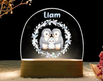 Personalized Penguin Family Acrylic Night Light with Custom Name, Cute LED Nursery Lamp for Kids, Baby Room Decor, Animal Nightlight Gift