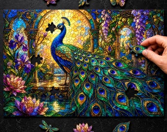 Peacock Puzzle – Peacock Glass Garden Wooden Jigsaw, Stained Glass Bird Art with Flowers & Hidden StoryPieces