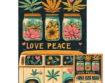 May include: A vibrant illustration of a wooden puzzle. It depicts a retro van and jars filled with flowers. The van is cream and teal with a yellow roof. The jars contain pink and yellow flowers. The words "LOVE PEACE" are displayed.