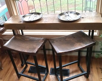Handcrafted 48" rustic beam console table on steel legs with stools
