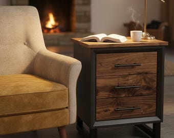 Walnut Nightstand 3 Drawer, [Size] Modern Bedside Table, Mid Century Bedroom Furniture, Handmade Solid Wood, [Finish]