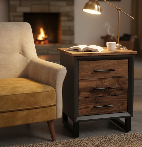 Walnut Nightstand 3 Drawer, [Size] Modern Bedside Table, Mid Century Bedroom Furniture, Handmade Solid Wood, [Finish]