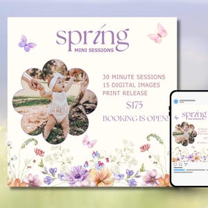 May include: A promotional graphic for spring mini photo sessions. The design features a baby in a floral cutout, butterflies, and floral accents. Text includes "spring mini sessions", session details, and "Booking is Open!" A phone displays the same graphic.