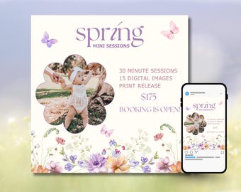 Modello di volantino per mini sessioni primaverili Canva / Volantino per mini sessioni fotografiche + post IG / Mini sessioni primaverili floreali / Modello Canva Pro