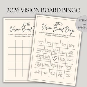 以下が含まれることがあります： 2 つのベージュ色の 2026 ビジョンボードビンゴシート。上のシートには手書きのプロンプトが記入されています。テキストは「2026 Vision Board Bingo」と「あなたが愛する人生を成長させ、休息し、創造するための優しいリマインダー - 一度に 1 つの正方形！」と書かれています。