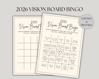 May include: Two beige 2026 Vision Board Bingo sheets. The top sheet is filled in with handwritten prompts. The text reads "2026 Vision Board Bingo" and "A gentle reminder to grow, rest, and create a life you love - one square at a time!"