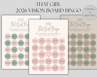 May include: Three printable 2026 Vision Board Bingo cards with a soft color palette. The cards feature the text "That Girl Bingo" and include daily habit prompts like "Morning Routine" and "Journal Daily."