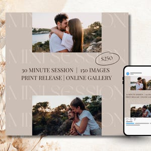 May include: A promotional image for a mini photo session. The image features two couples embracing, with text overlay indicating a 30-minute session, 150 images, print release, and online gallery.