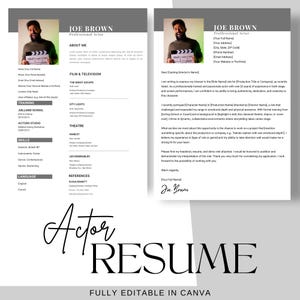 Actor Resume Template - Professional Acting CV & Cover Letter - Theatre and Film Canva Template