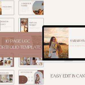 Peut inclure: Modèle numérique de portfolio UGC de 10 pages, avec une femme dans un champ de fleurs. La conception comprend des diapositives avec du texte comme "Sarah Smith" et "Easy Edit in Canva."