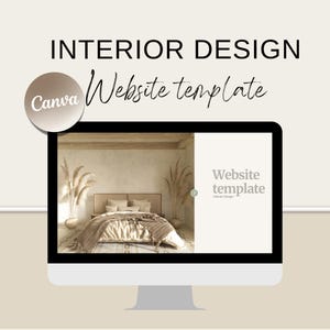 May include: A computer screen mockup showing a website template for interior design. The website features a photo of a bedroom with a bed, pillows, and a throw blanket. The text "Website template" is displayed on the right side of the screen.