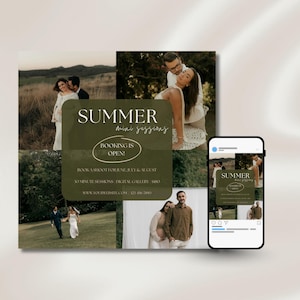 May include: A promotional image for summer mini sessions. The image features a collage of photos of couples, with the text "SUMMER mini sessions" and "BOOKING IS OPEN" in a green overlay. A smartphone displays the same image.