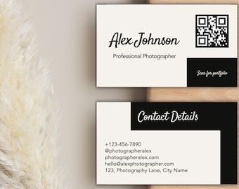 Bearbeitbare Fotografen Visitenkarte Vorlage: Minimalistisches QR Code Design (Canva)